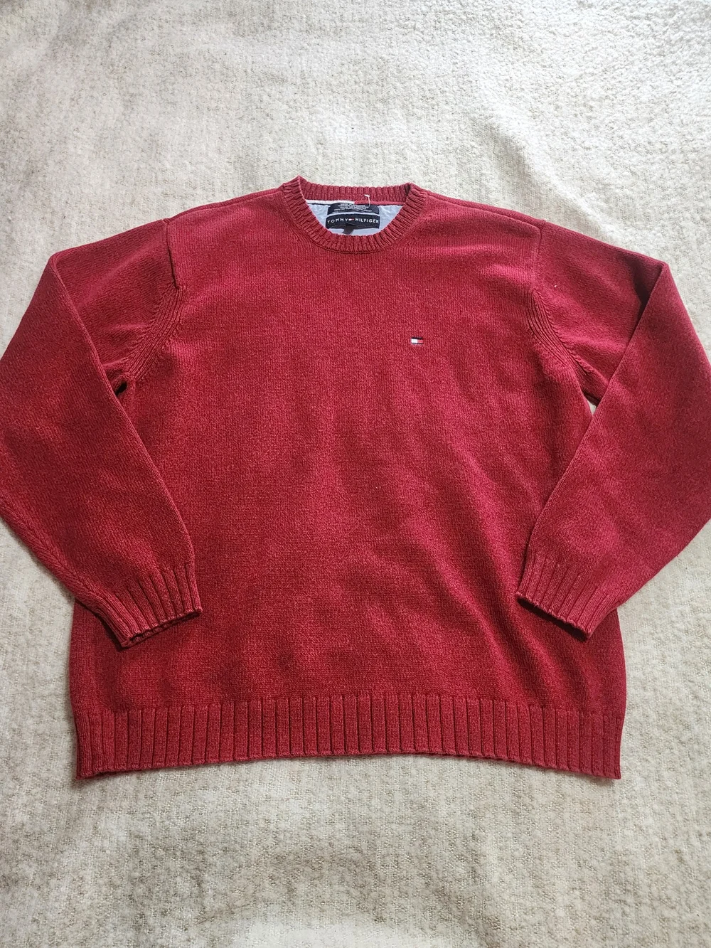 Vintage Tommy Hilfiger Cotton Red Ribbed Knit Oversized Pullover Sweater Logo Lg